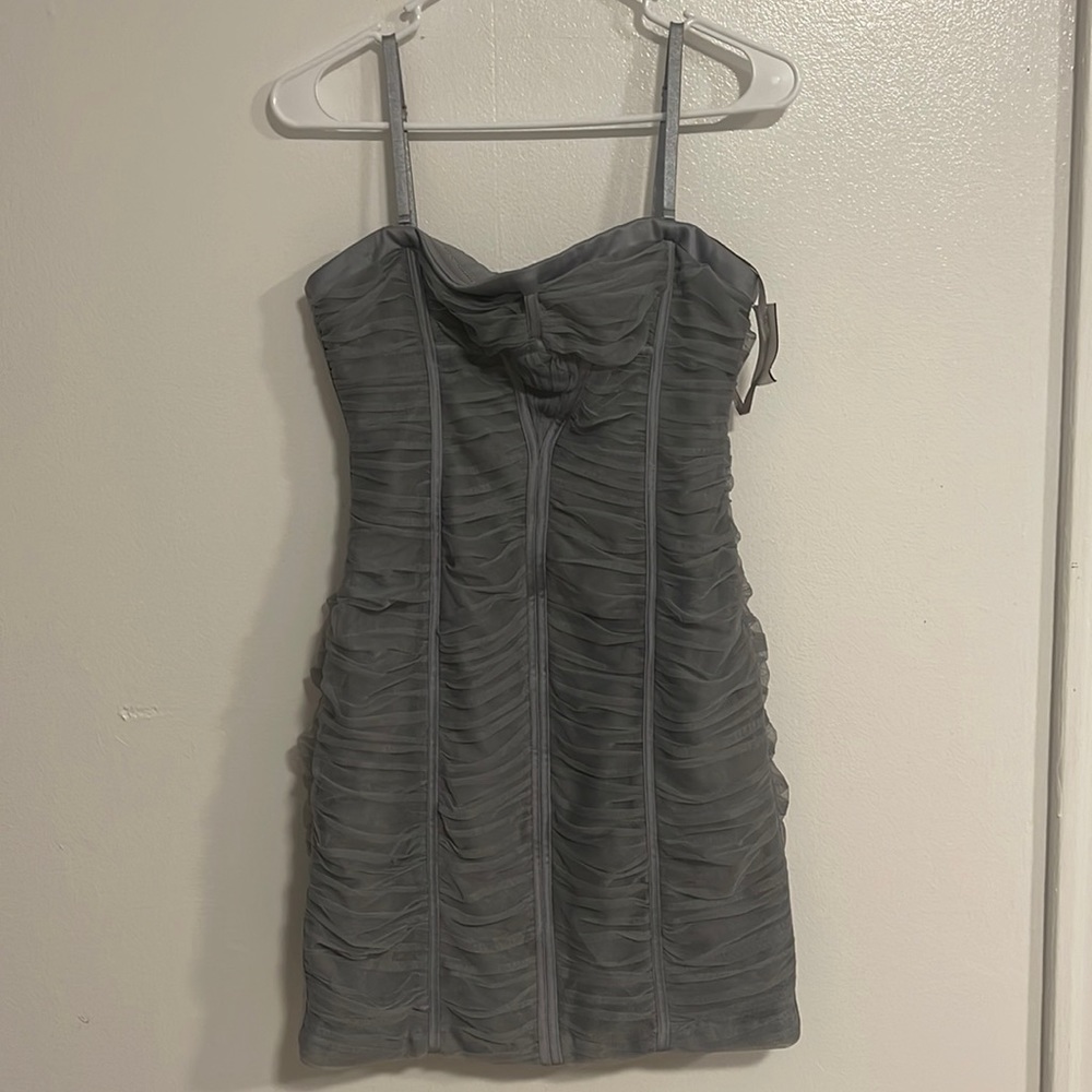 BCBG MAXAZRIA RUCHED GREY EVENING DRESS